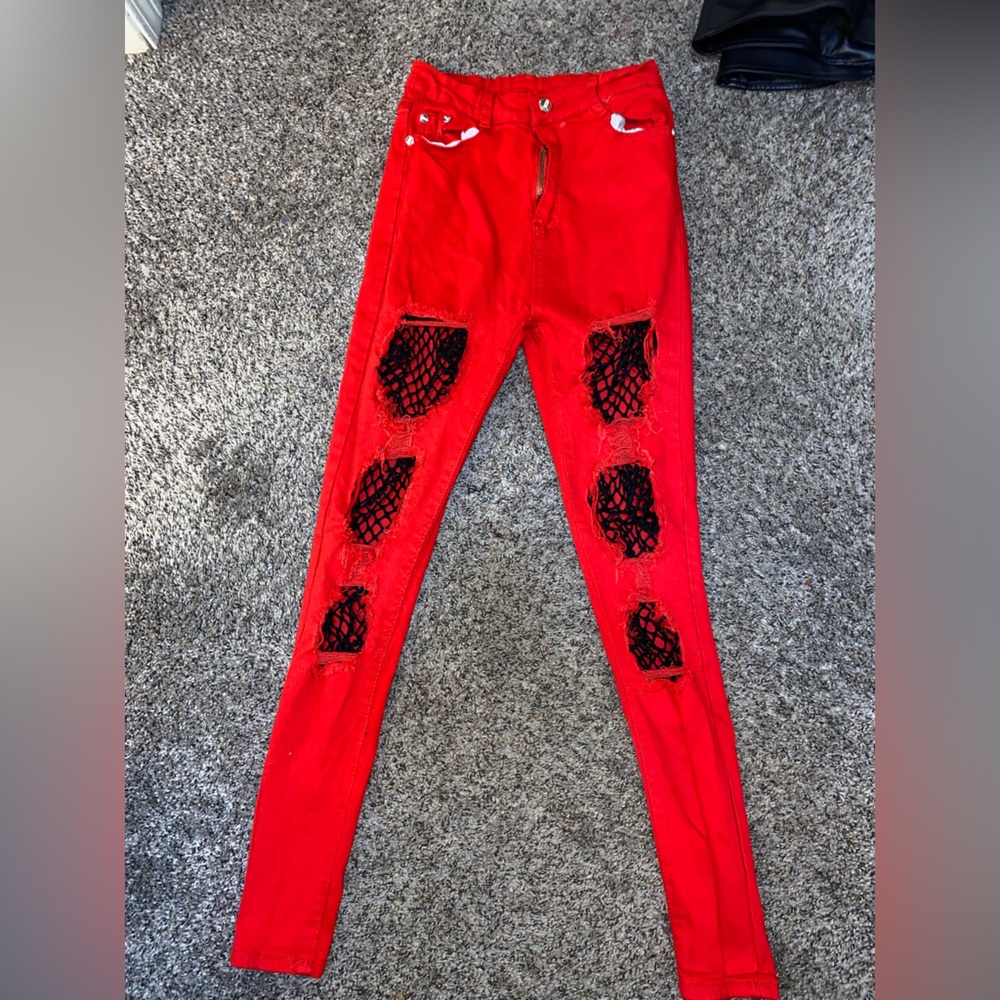 Red Distressed Jeans with Black Mesh Accents